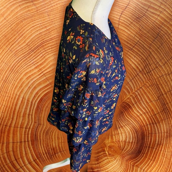 Madewell ‘Ruffle Sleeve Top’ in “Oriental Floral Midnight” Navy Blue Size Small - Picture 14 of 16